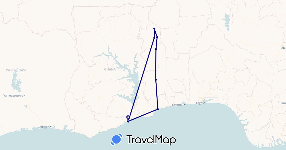 TravelMap itinerary: driving in Ghana, Togo (Africa)